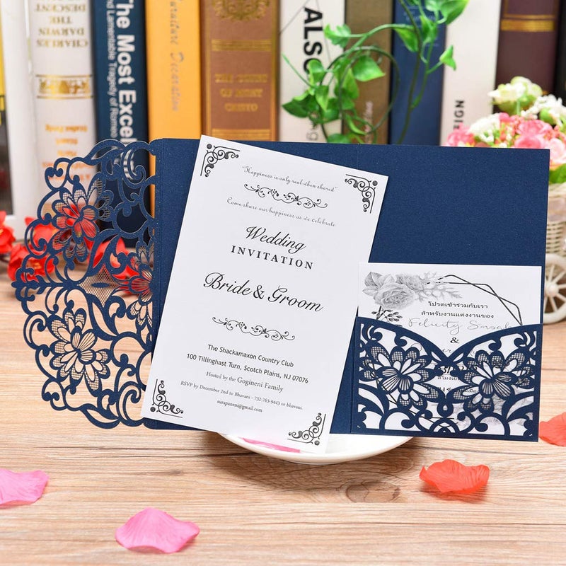 FOMTOR Laser Cut Wedding Invitation Cards Set w/Envelopes & Inserts & Seals â€“ for Wedding, Bridal Shower, Graduation, Birthday Party, Engagement, Anniversary Blue 40Pcs - Image 1